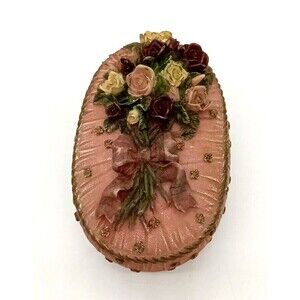 Vintage Pink Resin Oval Raised Floral 4.5" Covered Trinket Dish